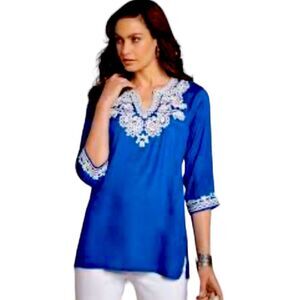 CHICOS TOUCH OF SHINE TALLON MAJESTIC BLUE 3/4 SLEEVE NECK RAYON BLOUSE TOP